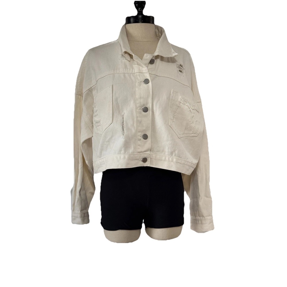 Blue B Collection Rhinestone Fringe Off White Denim Distressed Jacket Size‎ M/L - Picture 2 of 12